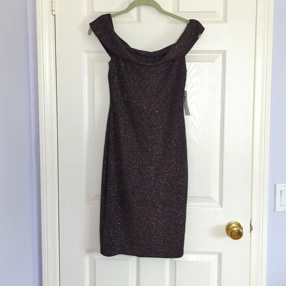 Premier Amour Black Blush Glitter Cocktail Dress Off The Shoulder Sz 4 - Picture 1 of 10